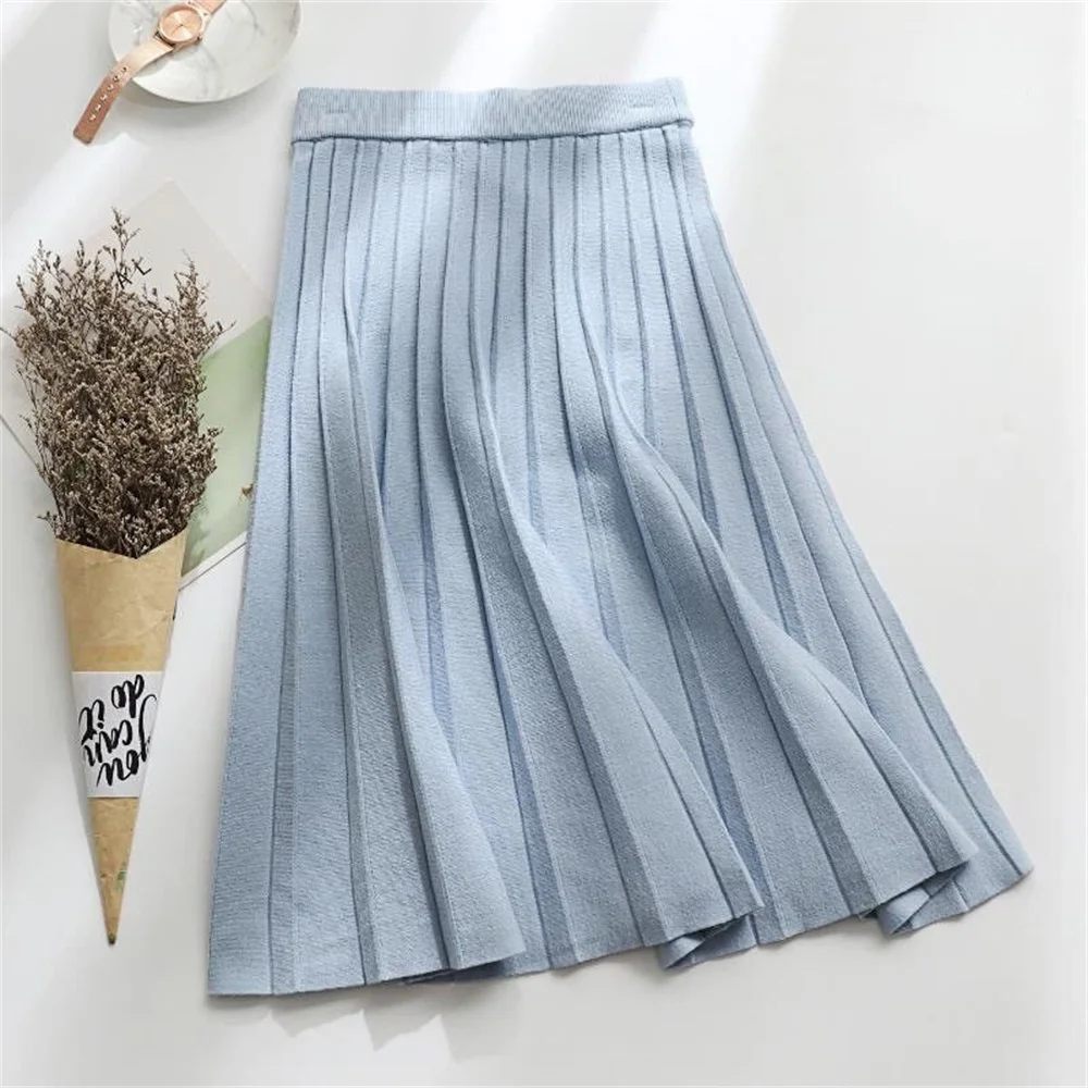 Elegant Fashion Solid Color Knitted Pleated Skirt 2024 Autumn Winter A-Line All-match Elastic High Waist Skirts Women's Clothing