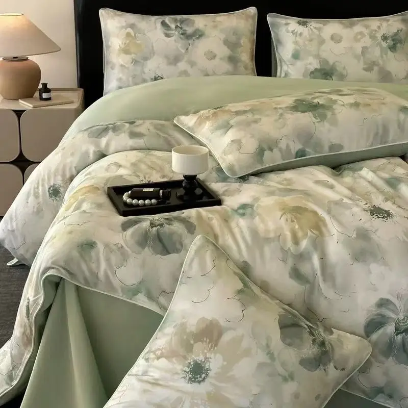 100% Natural Lyocell Fiber Bedding Set Twin Queen King Size Duvet Cover Floral Silky Bed Sheet Pillowcase Single Double Bed-line