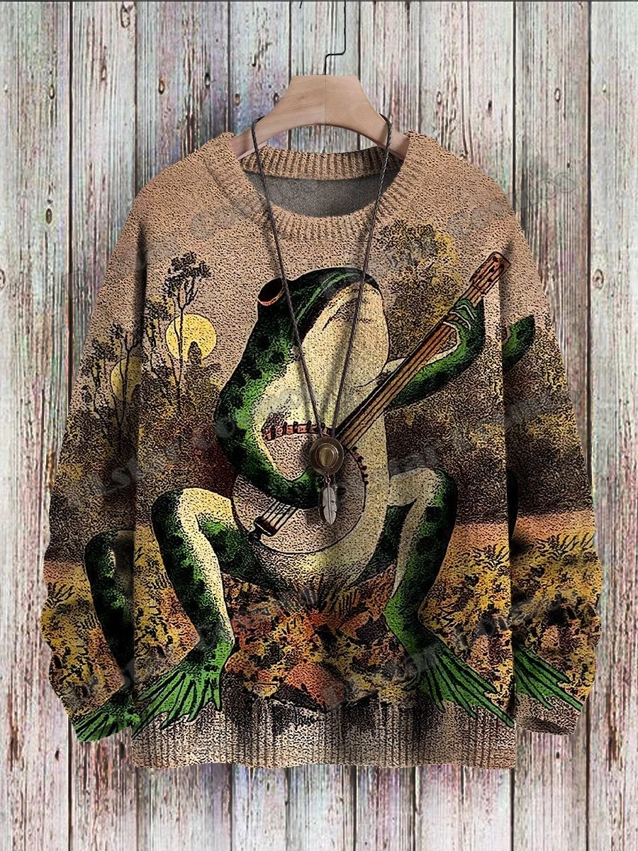 Vintage Frog Fun Art Pattern & Retro Owl Art 3D Printed Men's Knitted Pullover Winter Unisex Casual Knit Pullover Sweater ZZM98