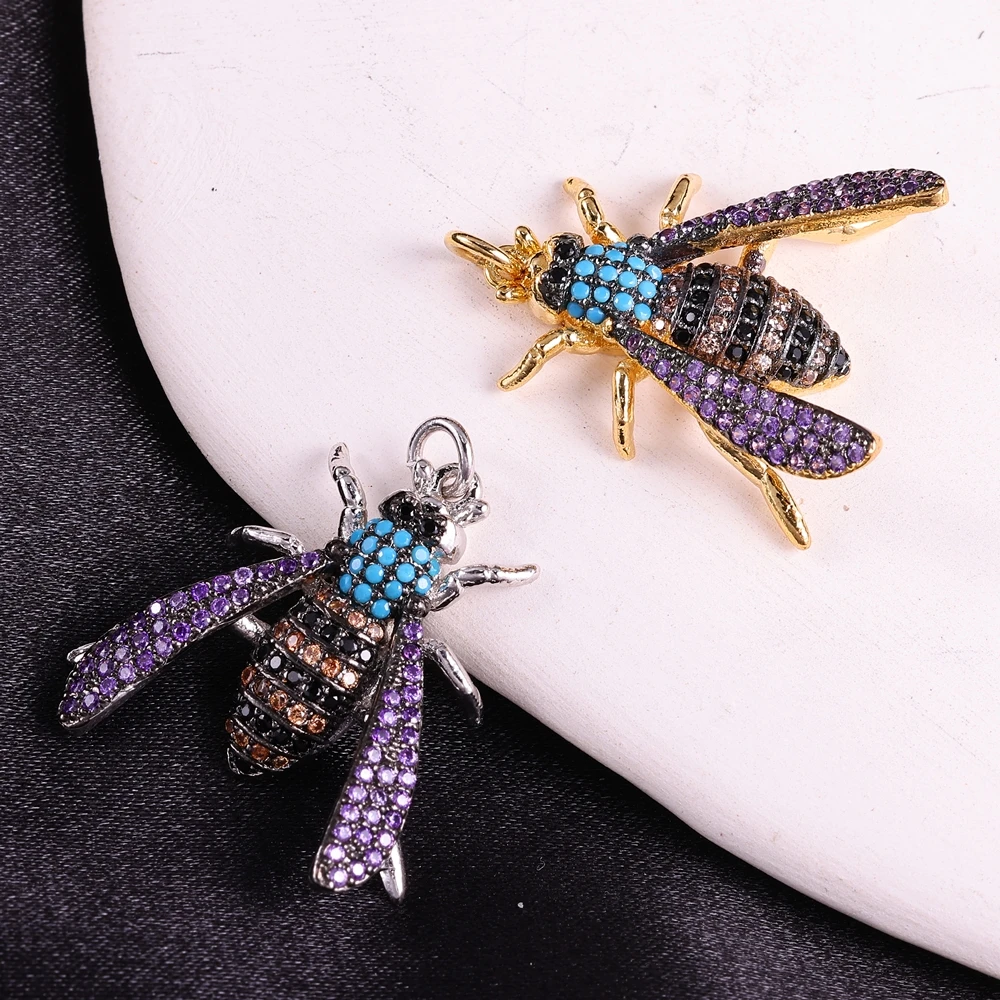 Juya Handmade 18K Gold Plated Decorative Turquoise Colorful Zircon Insect Bee Charms For DIY Women Luxury Pendant Jewelry Making