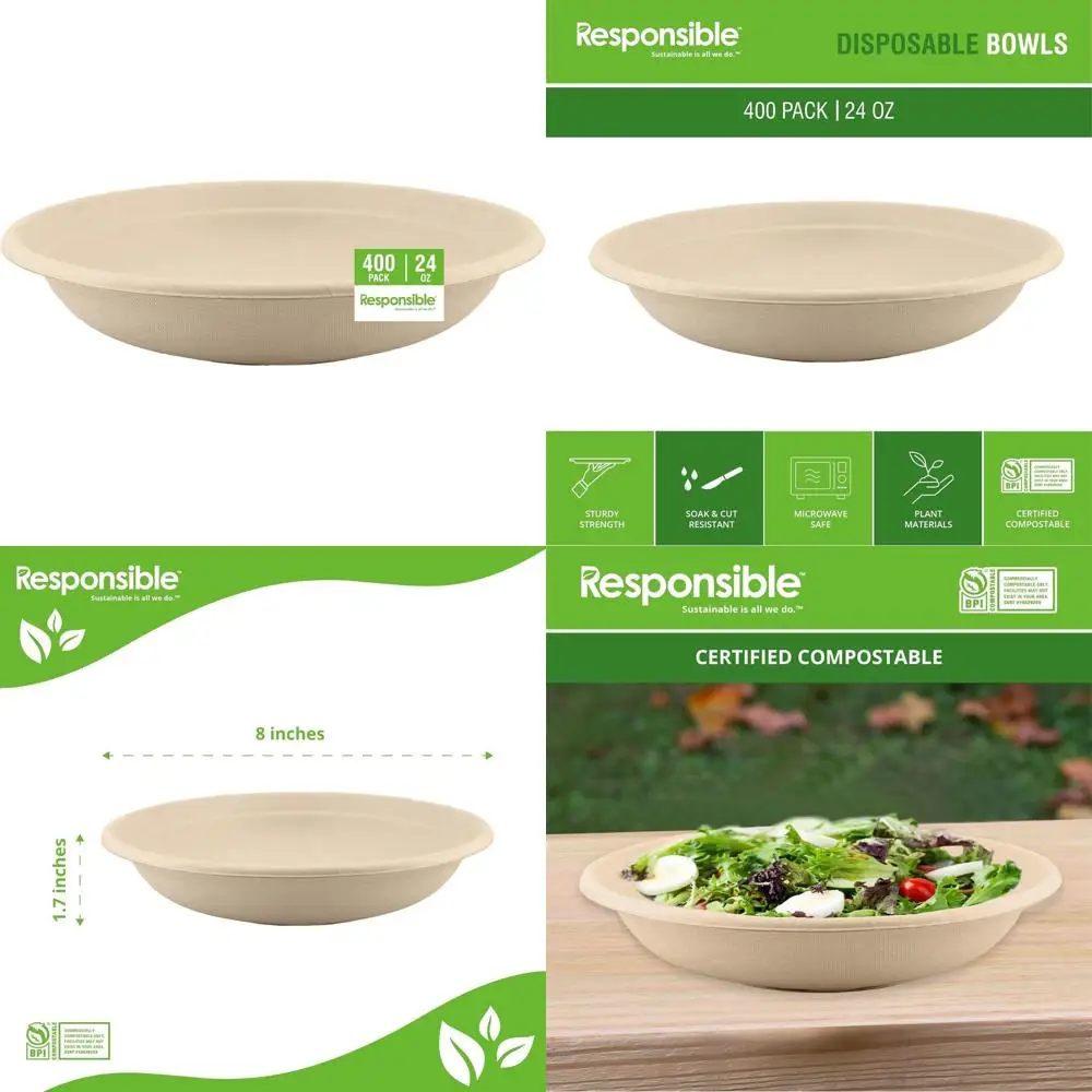 Tazones de papel desechables ecológicos de 24 oz para sopa caliente, 400 unidades, resistentes, tamaño para postre, hechos de caña de azúcar y fibra de bambú