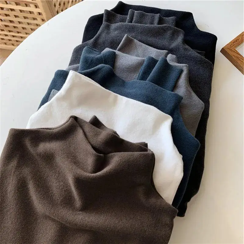 Women's Thermal Fleece Lined Thick Long Sleeve Half High Collar Base Shirt Double Sided Brushed Inner Wear T-Shirt Korean Style