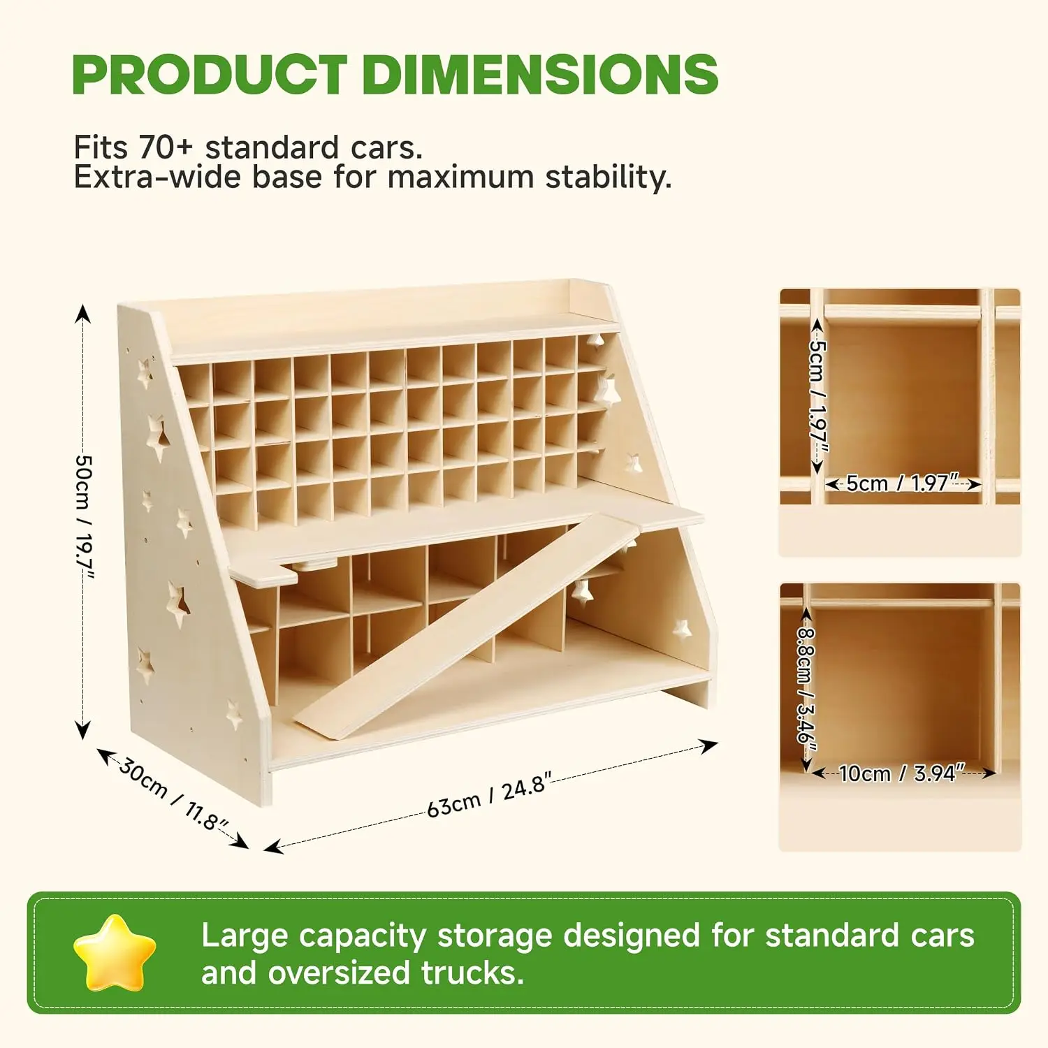 Wooden Toy Car Garage Storage Organizer, 70+ Car Display Shelf, Foldable Ramp