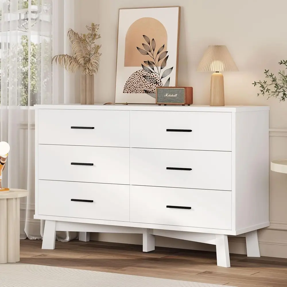 

6-Drawer Wide Chest with X-Base, Wood Double Drawer Closet Organizer for Bedroom, Living Room, Hallway, White