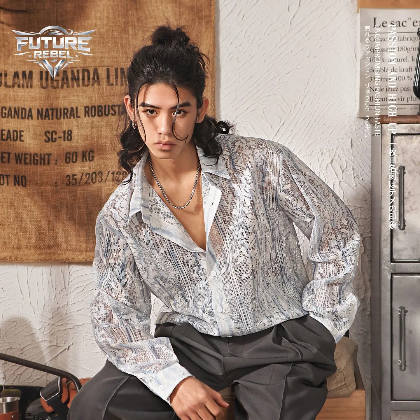 Ins Fashion Men's Vintage Lace Sheer Long Sleeve Shirt Casual Tie-dye Hollow Out Blouse Y2k Streetwear Japanese Chic Retro Tops