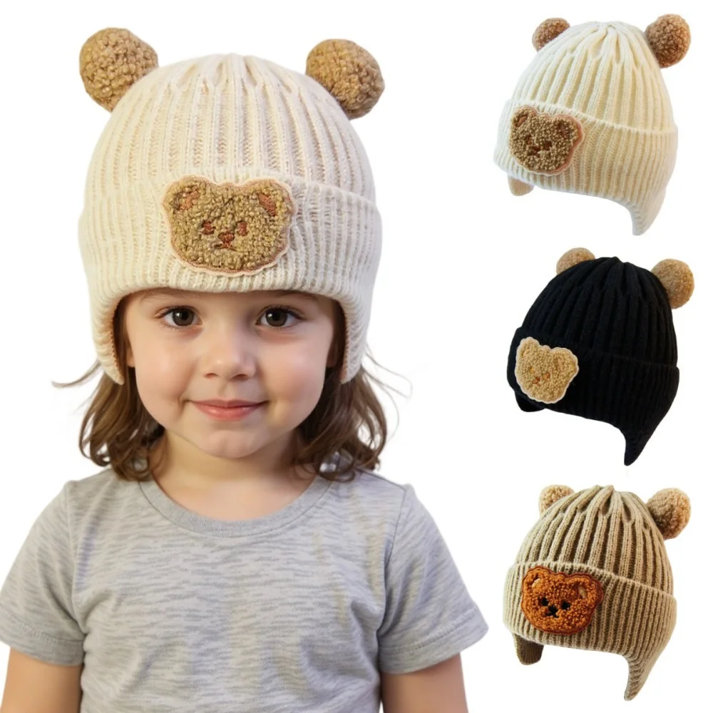 

New Autumn Winter Baby Hat for Girls Boys Cartoon Bear Ear Protection Hat for Kids Outdoor Warm Children Crochet Hats Gorros