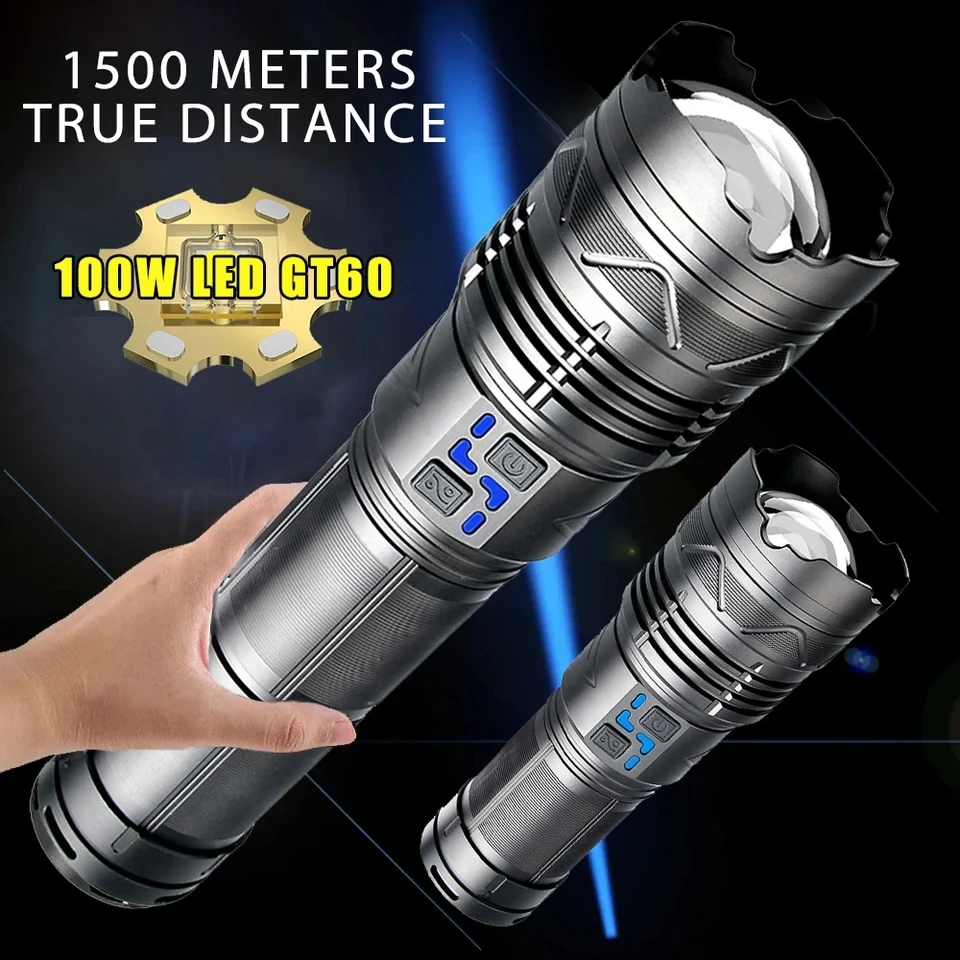 31200mah Powerful LED Flashlight Super Bright Spotlight Long Range Zoom Emergency Torch Outdoor Tactical With Battery Indicator