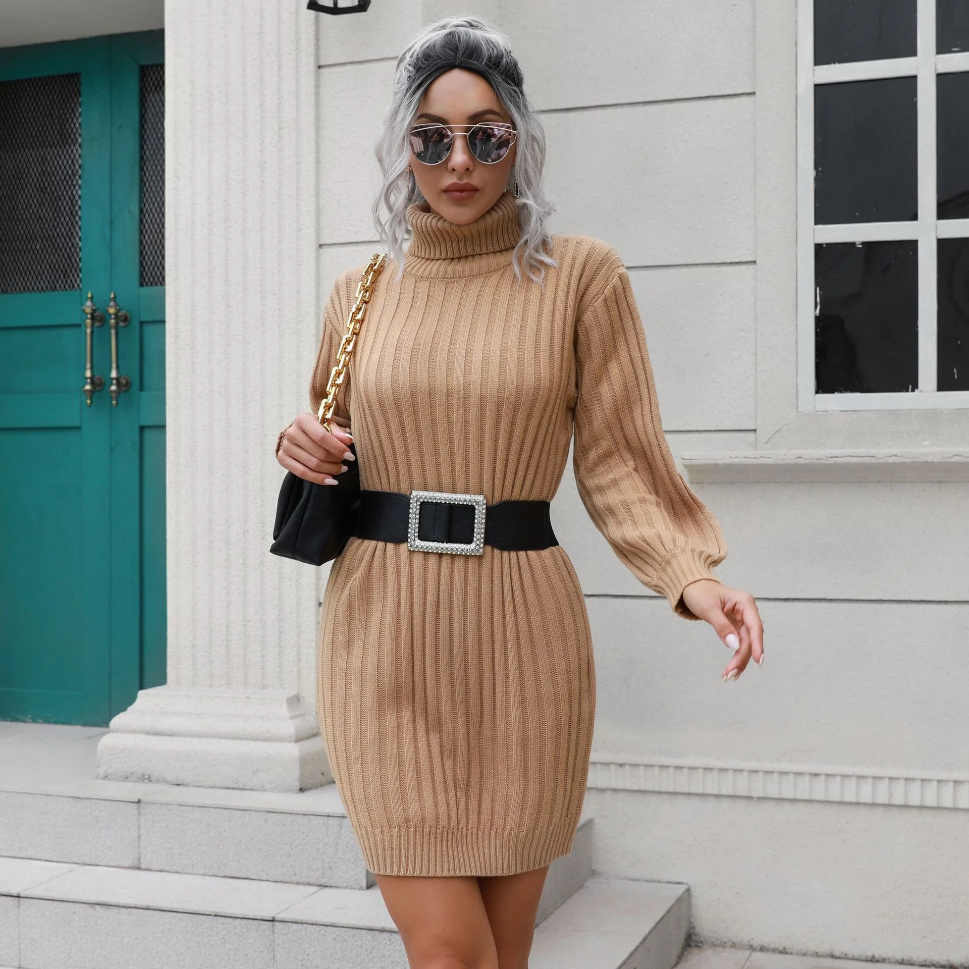 Autumn Winter New Women Pit Strip Turtleneck Sweater Skirt Lantern Sleeve Knitted Belt Short Stripe Dress Female Casual Clothing