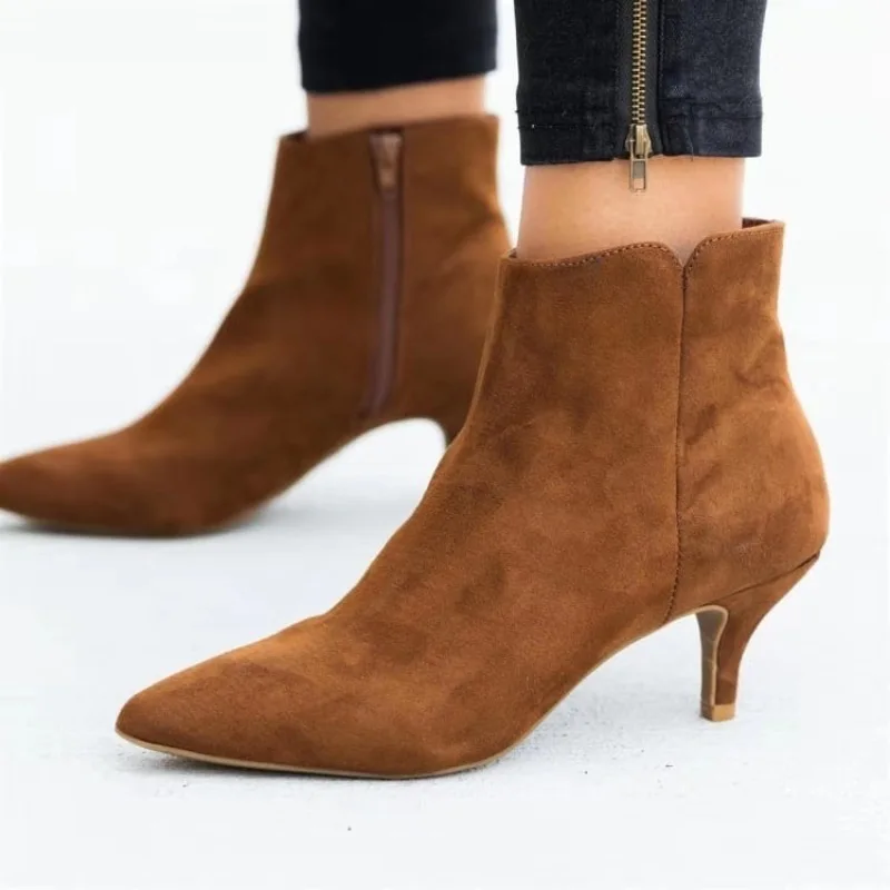 

Women's Boots 2025 New Pointed-toed Thin-heeled Short Boots Suede High-heeled Boots for Women Side Zipper Ankle Boot Botas Mujer