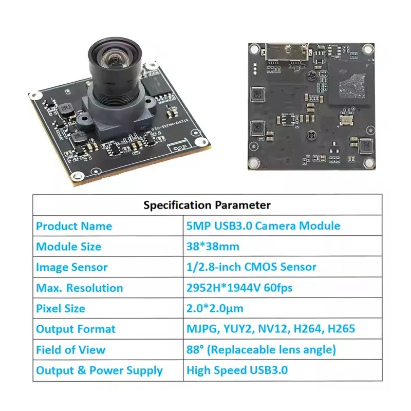 وحدة كاميرا 5MP HD IMX335 USB3.0 FF 88 °   MJPG، YUV2، NV12، H264، H265، متوافق مع الأشعة فوق البنفسجية، التوصيل والتشغيل للتعرف على الوجه