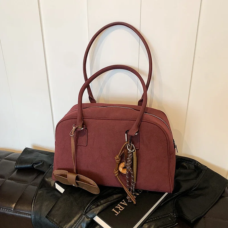 

PU Zipper Solid Color Bowling Shoulder Bag Fashionable Simple Tote Women's Bag Cute Maiden Underarm Bag New Bolso De Hombro
