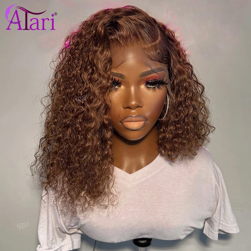 Chocolate Brown Jerry Curly Short Bob Human Hair Wigs Transaprent 13x4 Lace Frontal Pre Plucked Bob Wig for Women 180 Density