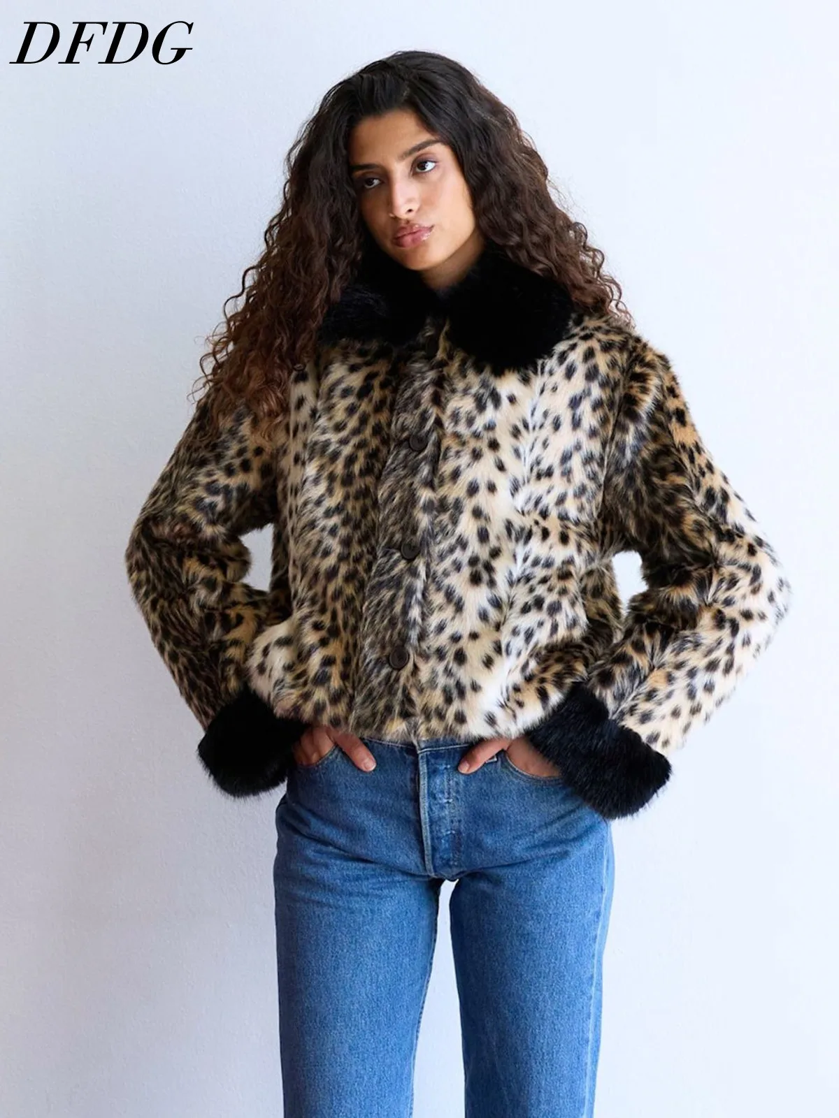 DFDG Women Faux Fur Leopard Print Cropped Jacket Contrast Collar Cuff Button Down Warm Outerwear Winter Fashion Streetwear Coat