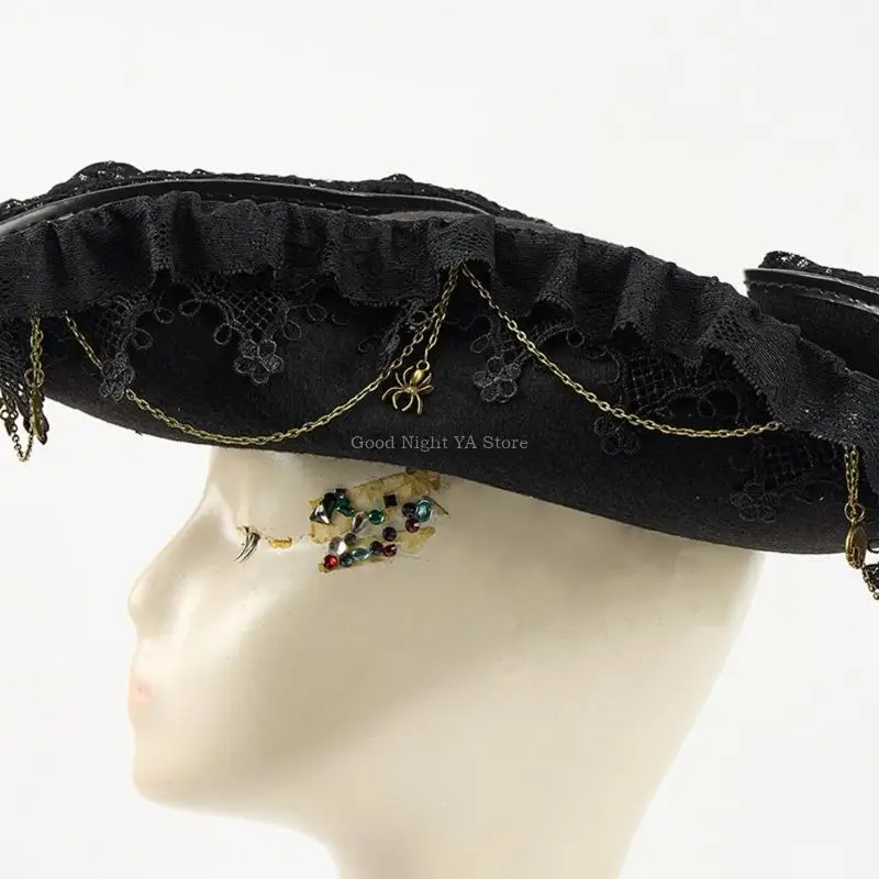 Lace Trim Bat Gear Pirate Hat Breathable Adult Roleplay Headpiece For Halloween Costume And Victorian Theme Party Props view 4