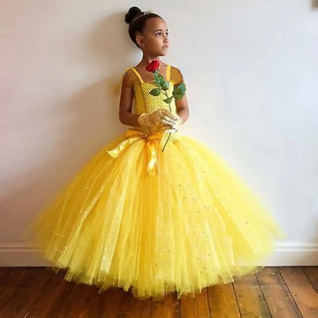 Girls Yellow Bella Princess Dress Kids Crochet Tulle Tutus Ball Gown with Red Flower Bow Children Birthday Party Costume Dresses