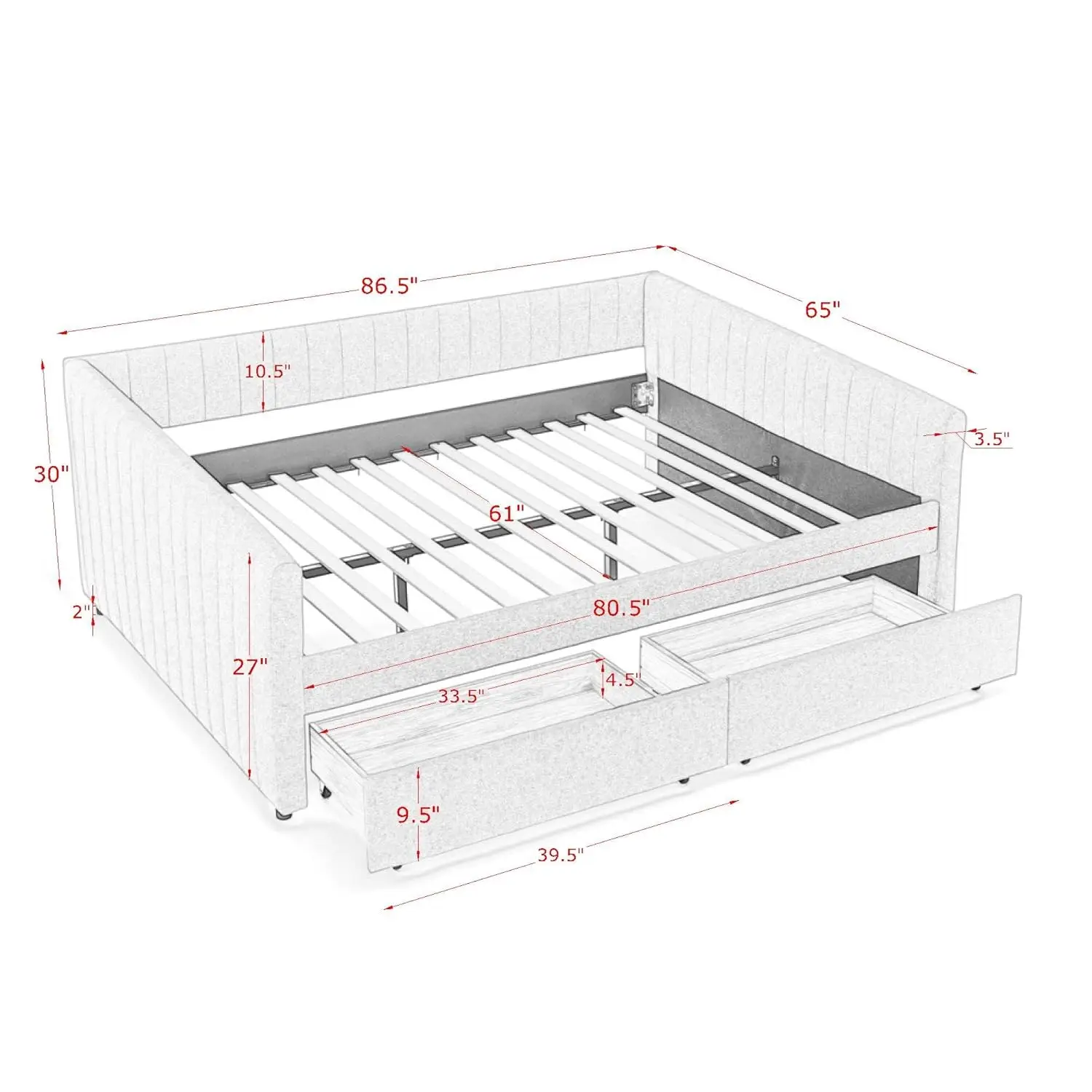 #￥Queen Daybed Frame with 2 Drawers Upholstered Linen Storage Sofa Bed Striped Bedroom Guest Room No Box Spring, Customized