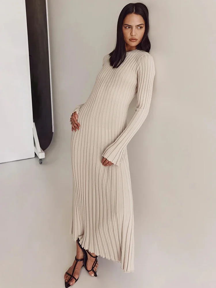 BWQ Lace-Up Female Knit Maxi Dress Autumn High Waist Fashion Patchwork Long Sleeve Loose Solid Dress Bandage Knitwear Dress