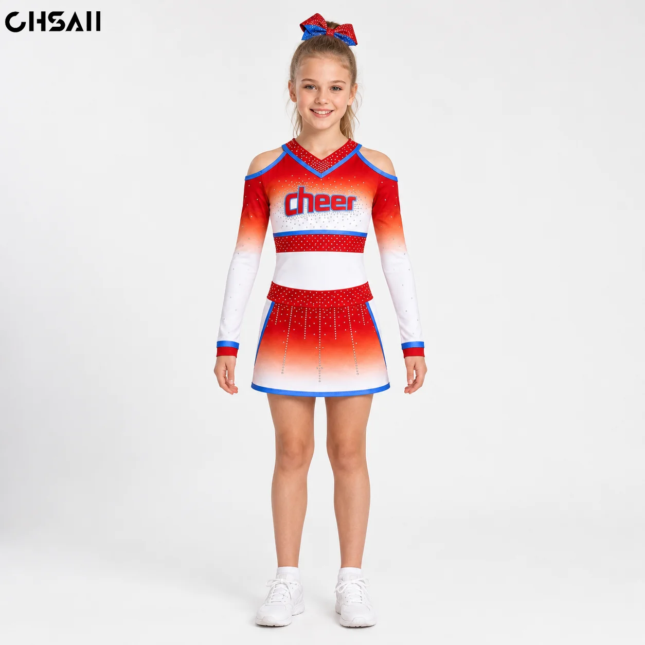 女の子用赤白青ラインストーンチアリーディングユニフォーム、長袖コールドショルダーフェードトップスカートセット、子供用競技ダンスコスチューム衣装