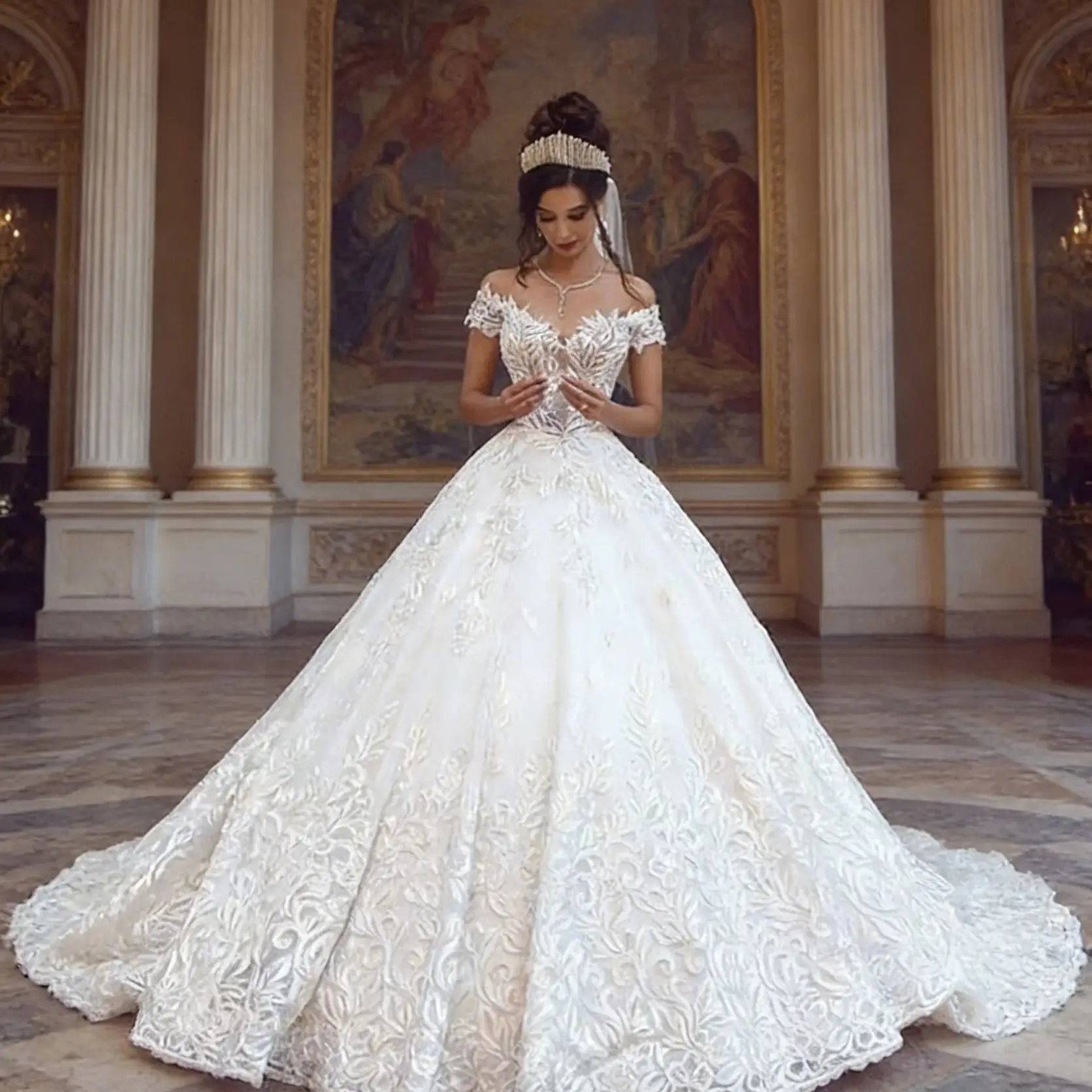 

Amazing Lace Long Wedding Dress Off The Shoulder Short Sleeve Bridal Gown