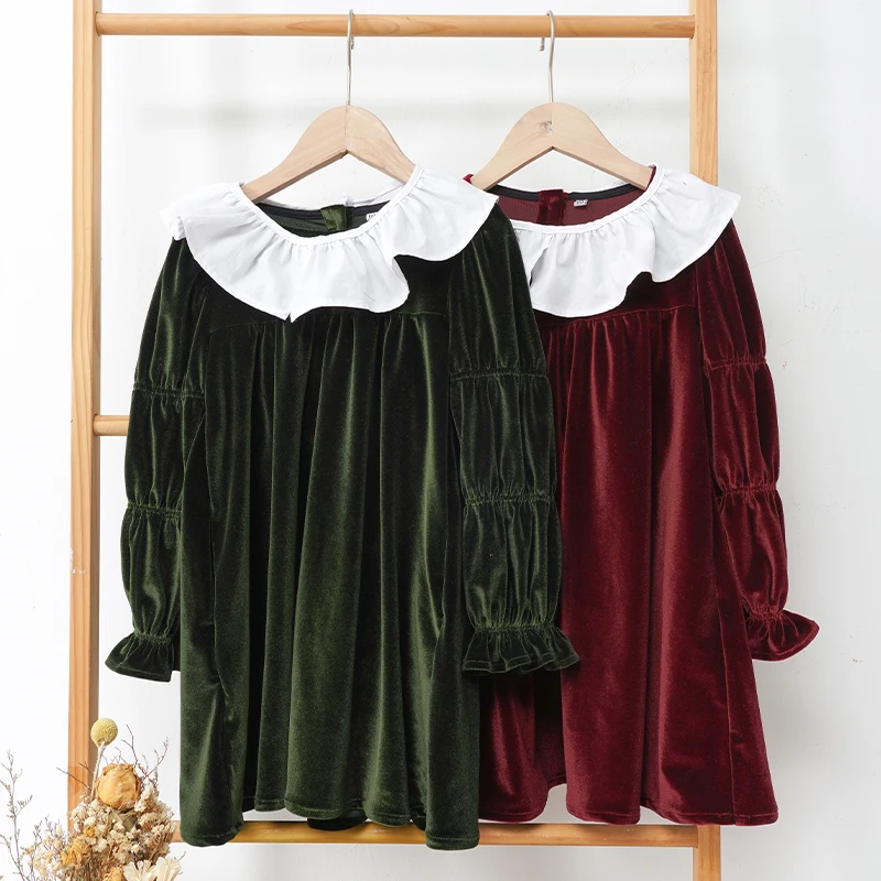 Retro Christmas Red Autumn Velvet Dress for Girls Solid Color Patchwork with White Scarf Ruffled Long Sleeve Loose Party Dresses