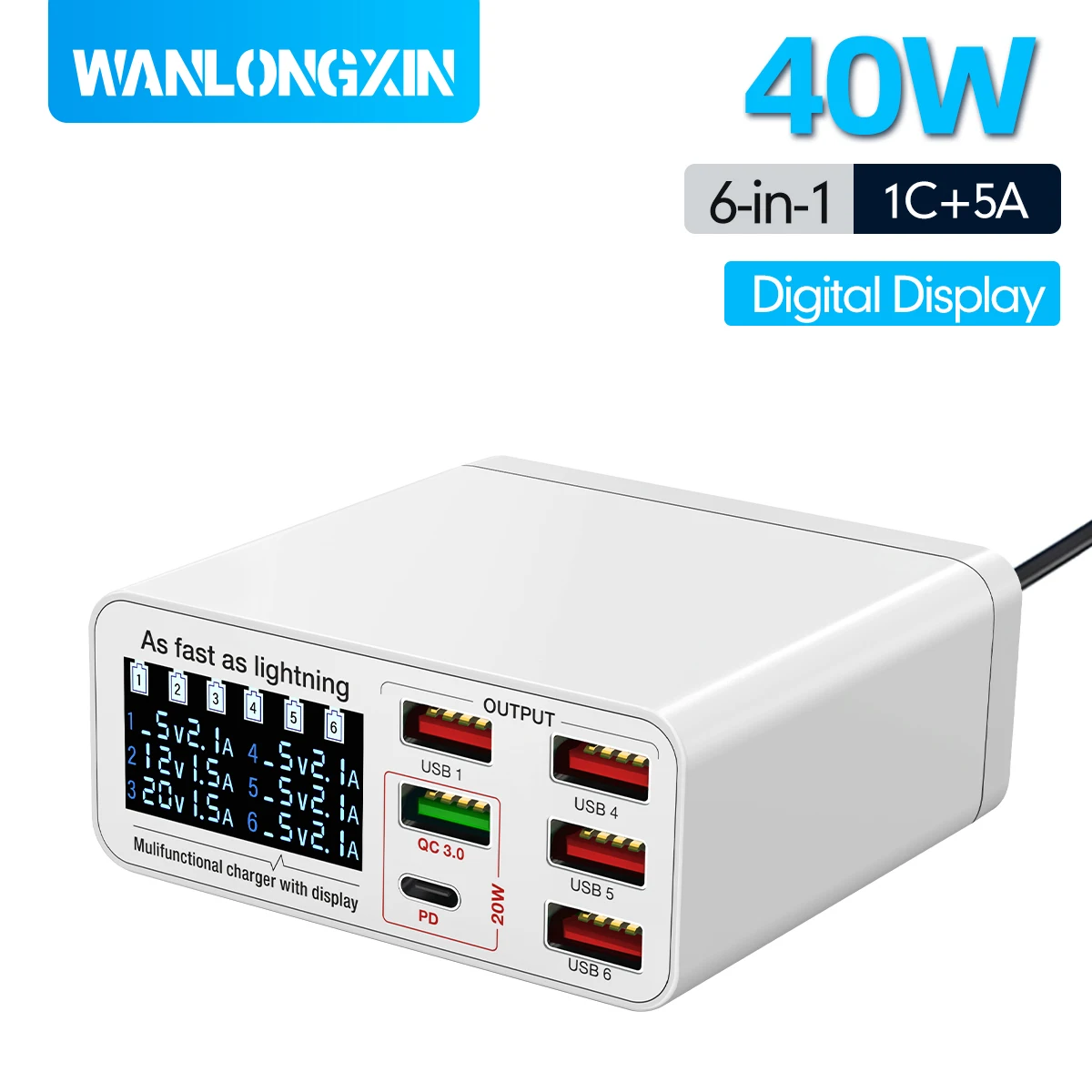 

40 Вт GaN 6-портовое USB-зарядное устройство Staion Charging PD 40 Вт QC3.0 Type C Быстрое зарядное устройство для iPhone 17 16 Pro Macbook Samsung Laptop