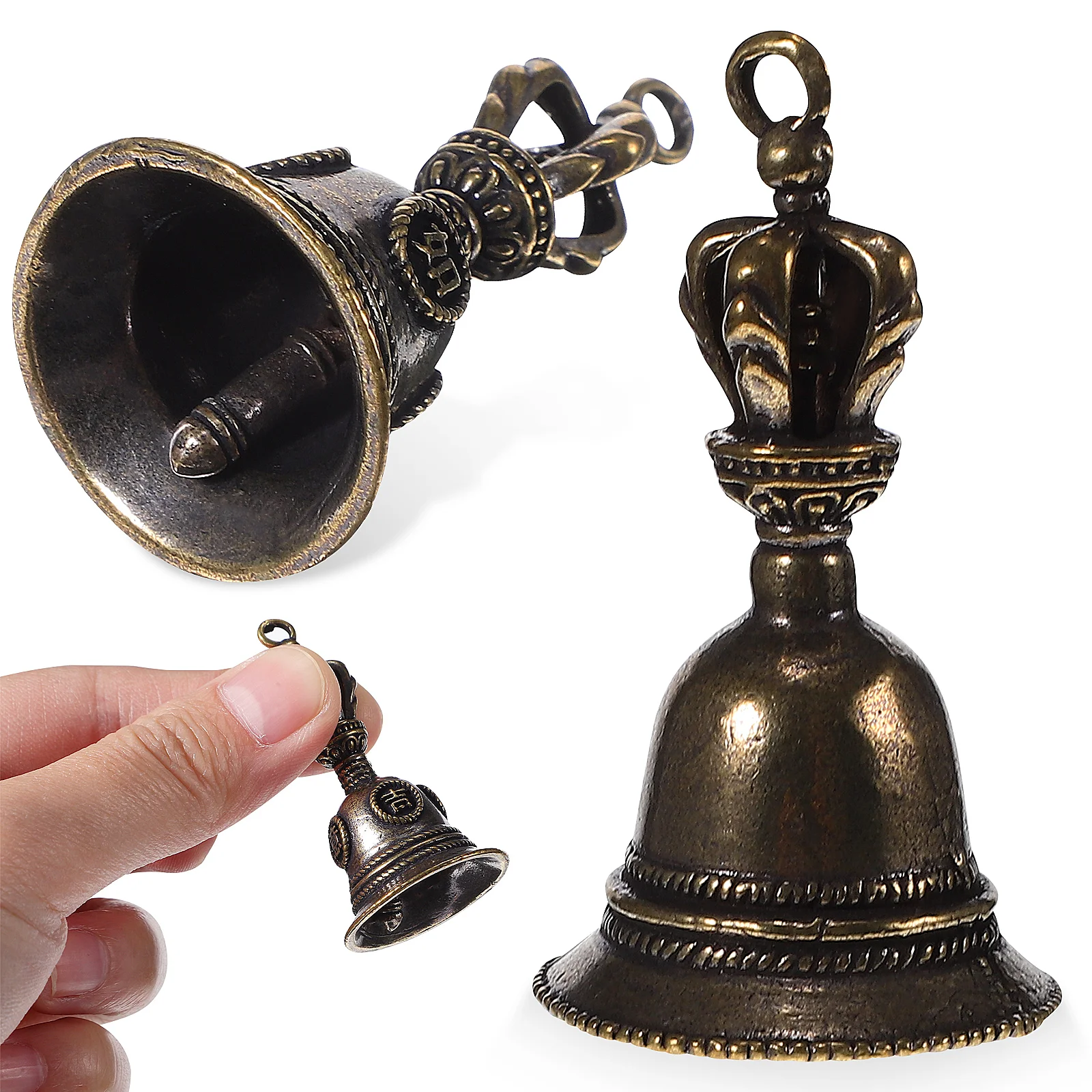 2 Pcs Gourd Crafts Metal Hand Bell Pendant 2pcs Auspicious Child Key Fob Charms DIY Keychain Brass Vintage