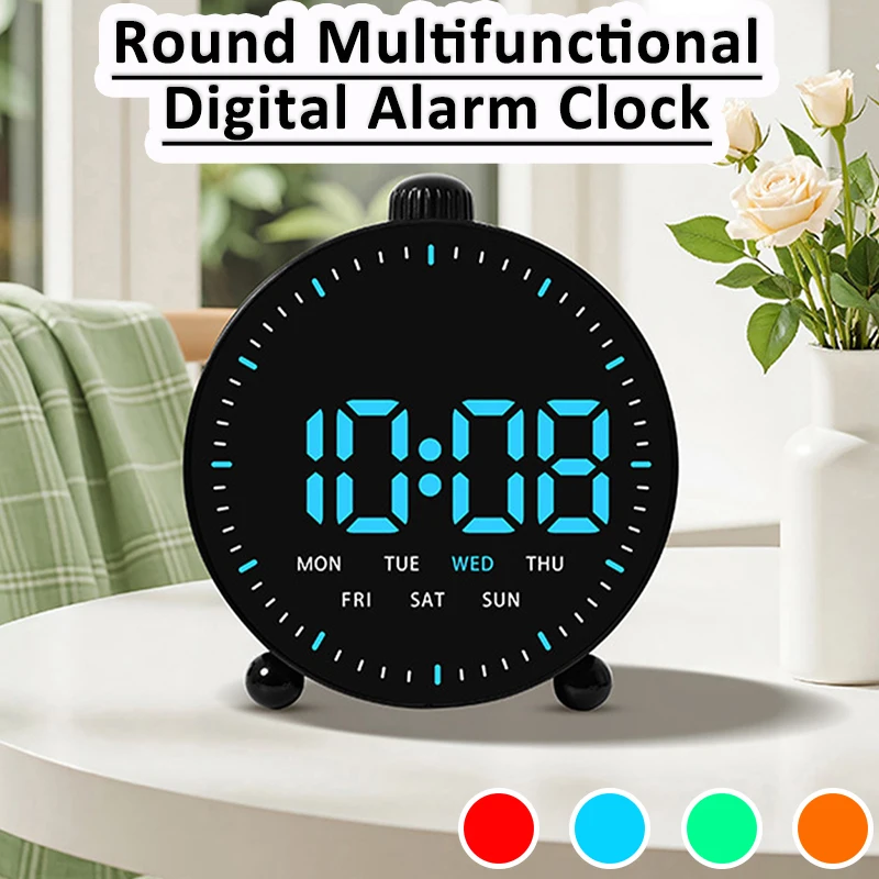 Round Digital Alarm Clock with Dual Alarms Date Week Display Countdown Timing Clock Home Decor Electronic LED Alarm Clocks