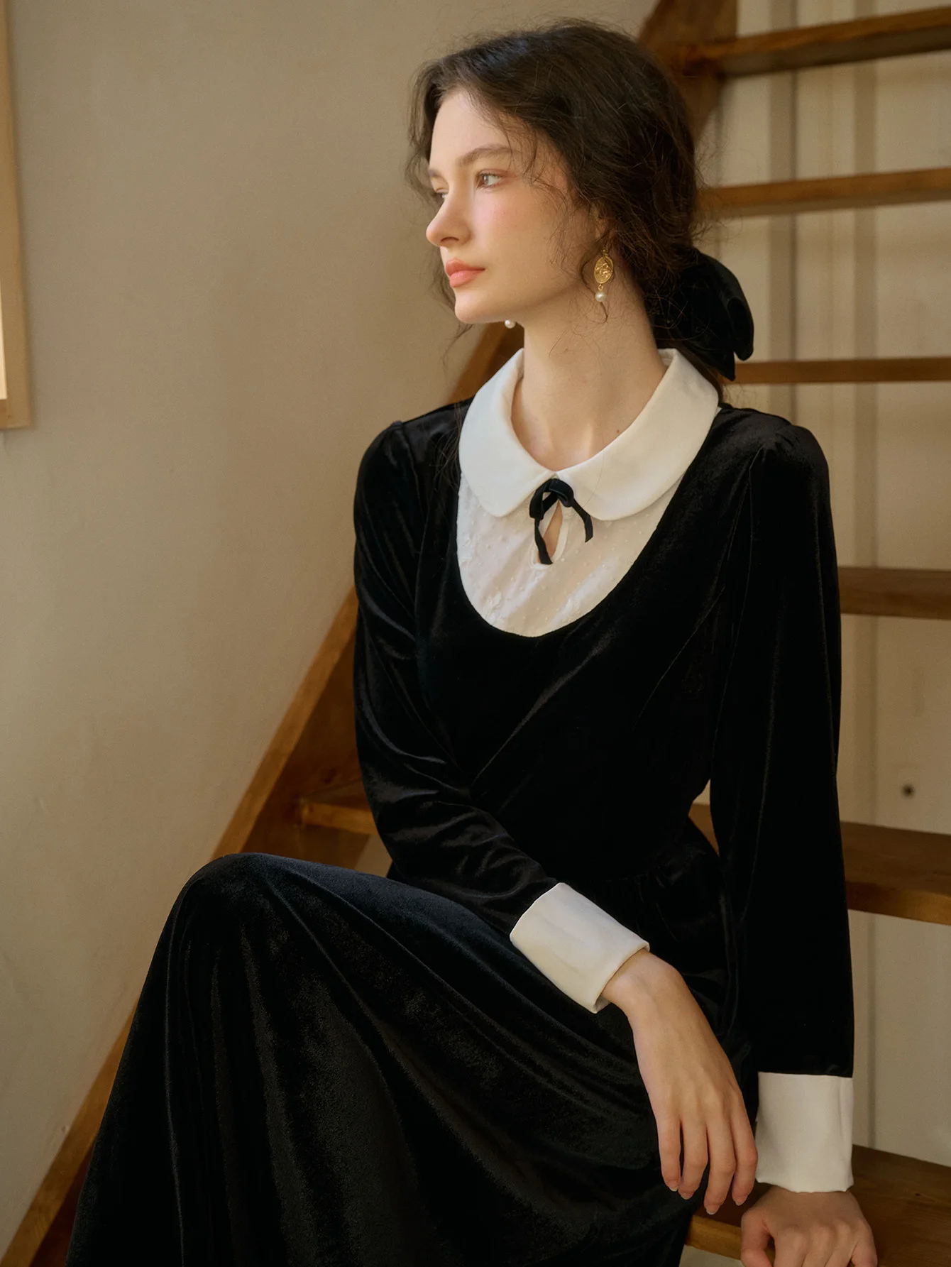 

Simple Retro 95% polyester 5% spandex Peter Pan Collar Clashing Tie Long Sleeve Women's Elegant Vintage Long Dresses