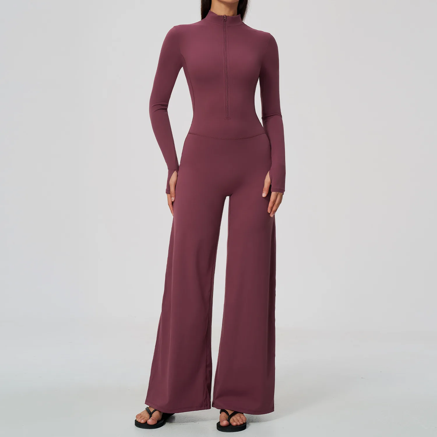 Women Half Zip Long Sleeve Jumpsuit Thumb Hole Flared Wide Leg Bodysuit Elastic Sport Romper Activewear Yoga Workout One Piece