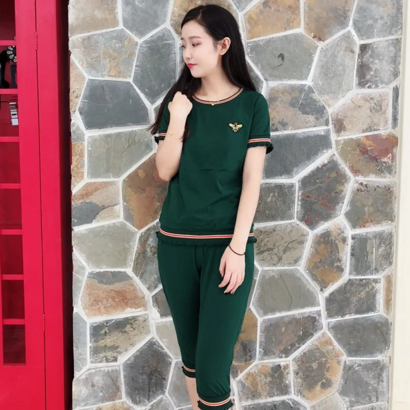 Women's Casual Suit Korean Version 2023 Summer New Loose Short Sleeve Tops And Capris 2 Two Piece Set Fashion Running Sportswear