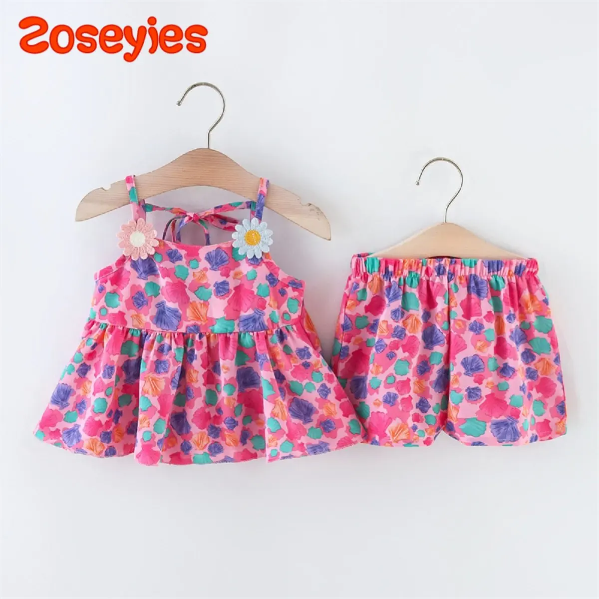 Summer baby girls suit flower suspender jacket shorts cool and sweet two-piece set