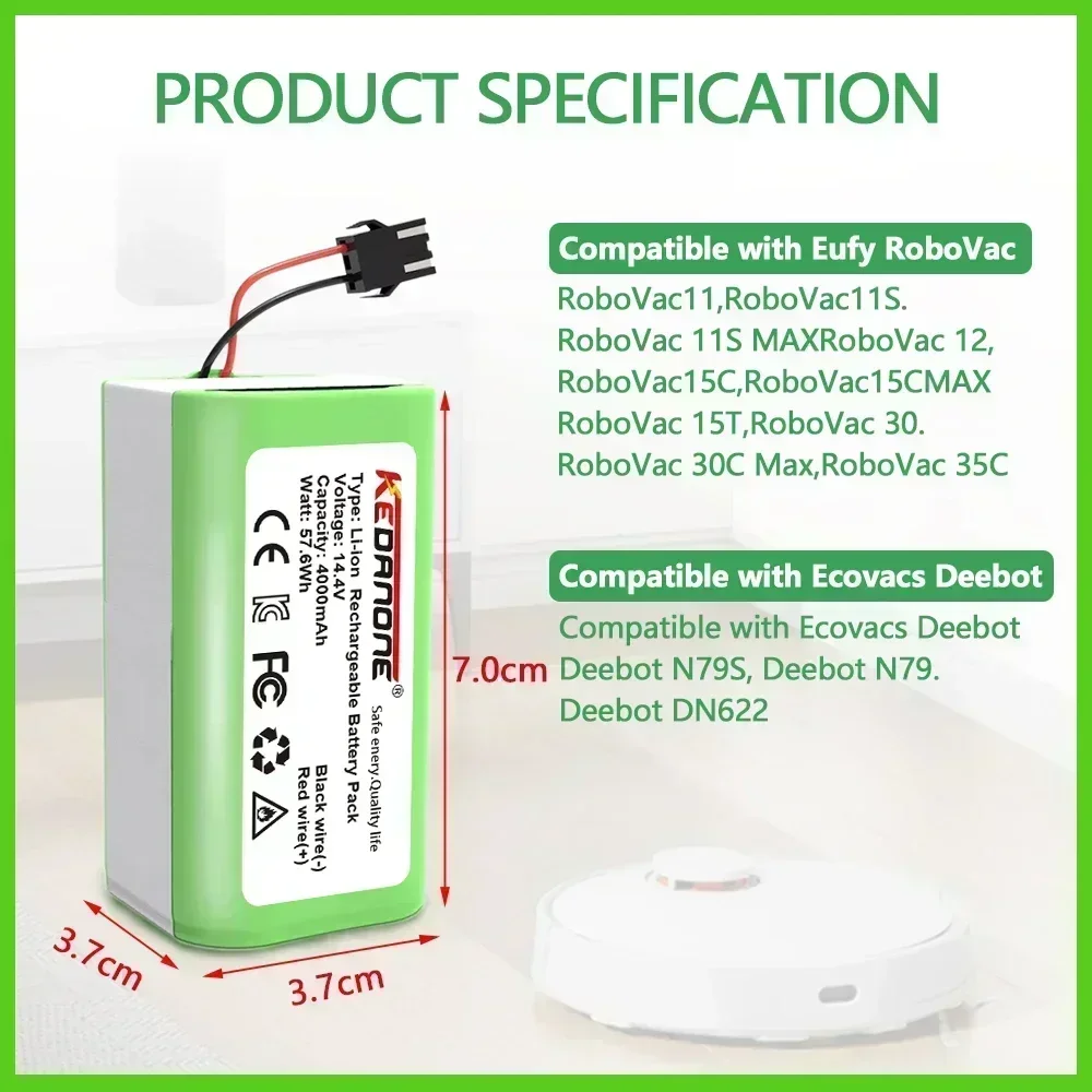 

14.4V 4.0Ah Li-ion battery for Cecotec Conga Excellence 950 990 1090 Ecovacs Deebot DN621 601/605 Eufy RoboVac 35C Panda i7 V710