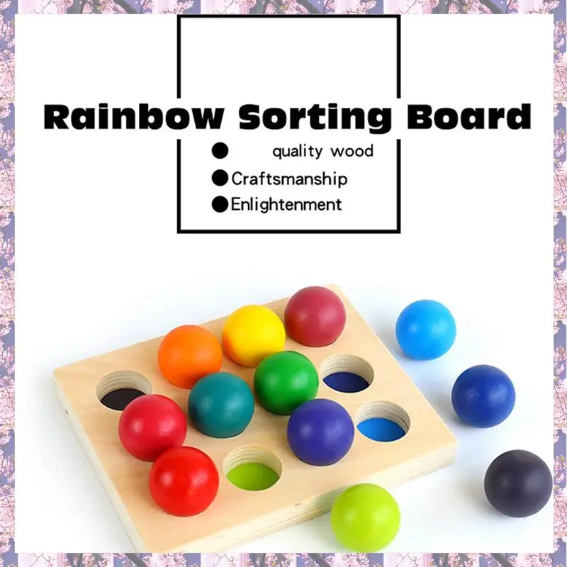 

T84C-Wooden Rainbow Matching Ball With Tray, Color Sorting Board, Educational Toy Montessori Toy For Children Birthday Gift Reus
