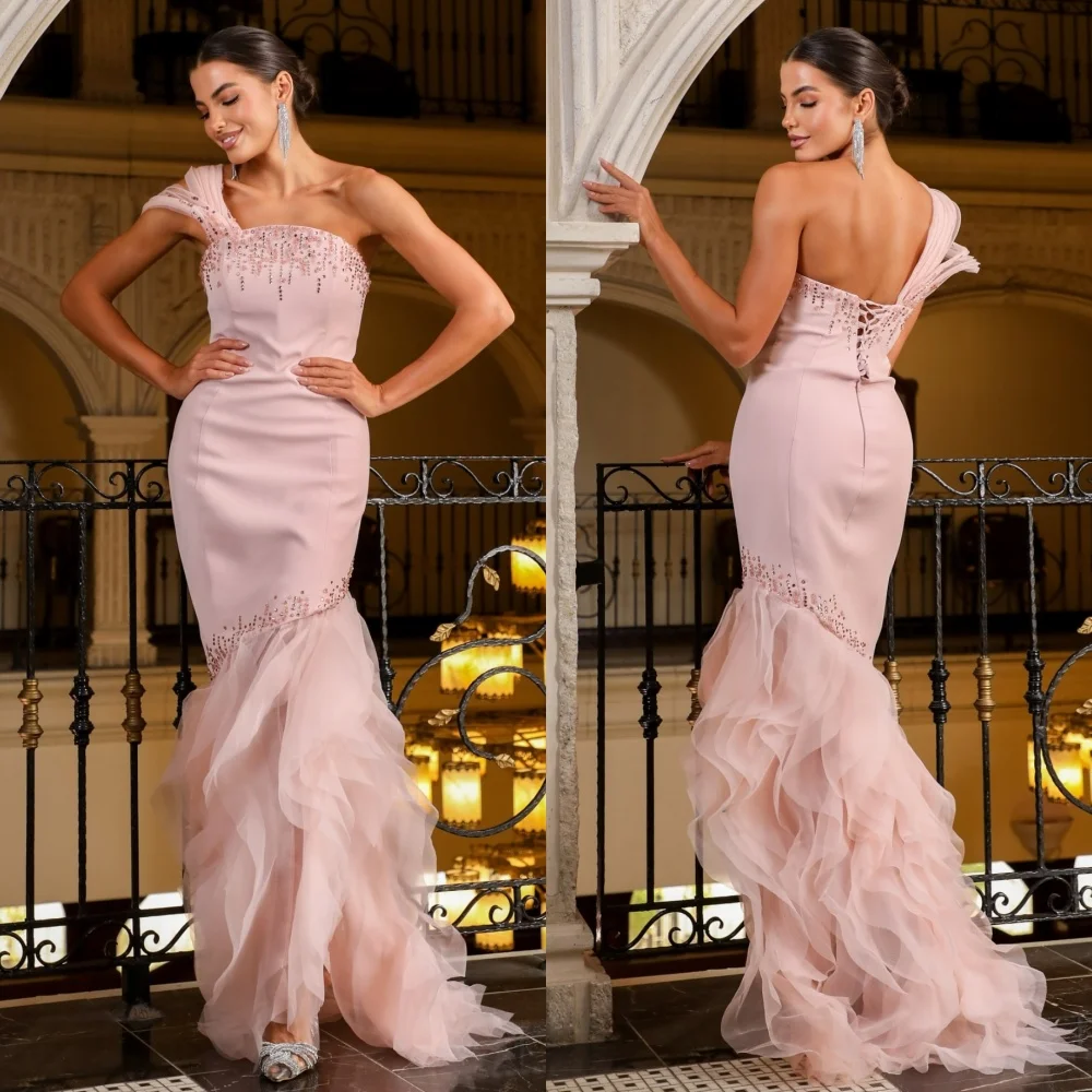 

Customized Elegant Jersey Pleat Sequined Mermaid One-shoulder Long Dresses Bespoke Occasion Evening Formal