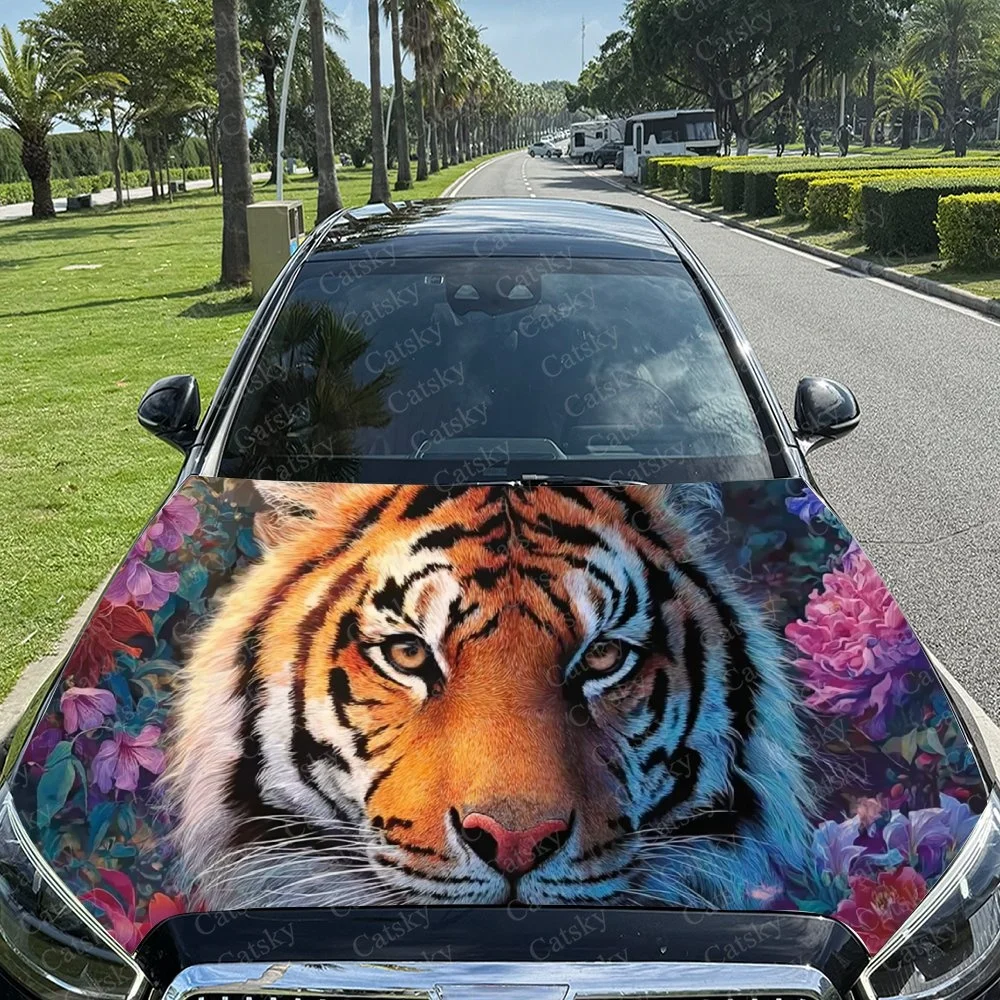 Colorful Tiger Flower Car Hood Sticker PVC Self Waterproof Stick, Striking Auto Exterior Accessories Decor Protect Gift for Car