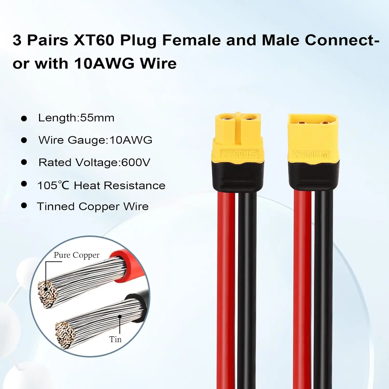 3 pares de conector fêmea e macho XT60 com fio de 55 mm 10AWG para bateria RC Lipo FPV Racing Drone