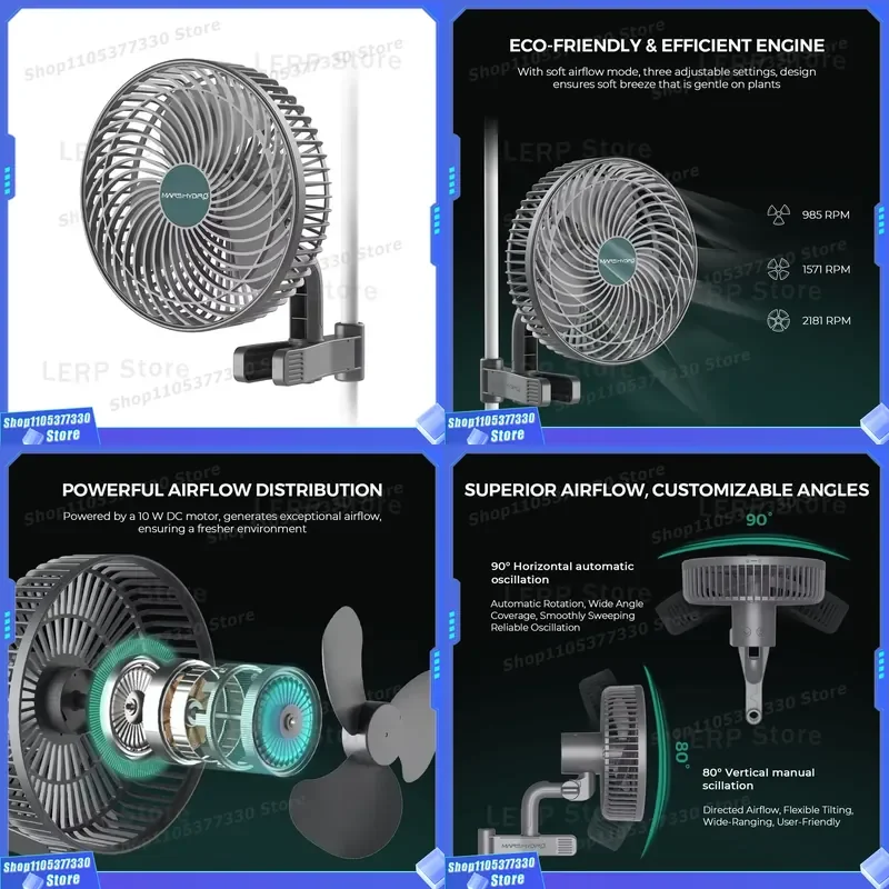 Mars Hydro 6 Inch Clip On Fan for Grow Tent Automatic Oscillating Air Circulation Ventilation Cooling System Indoor Plant