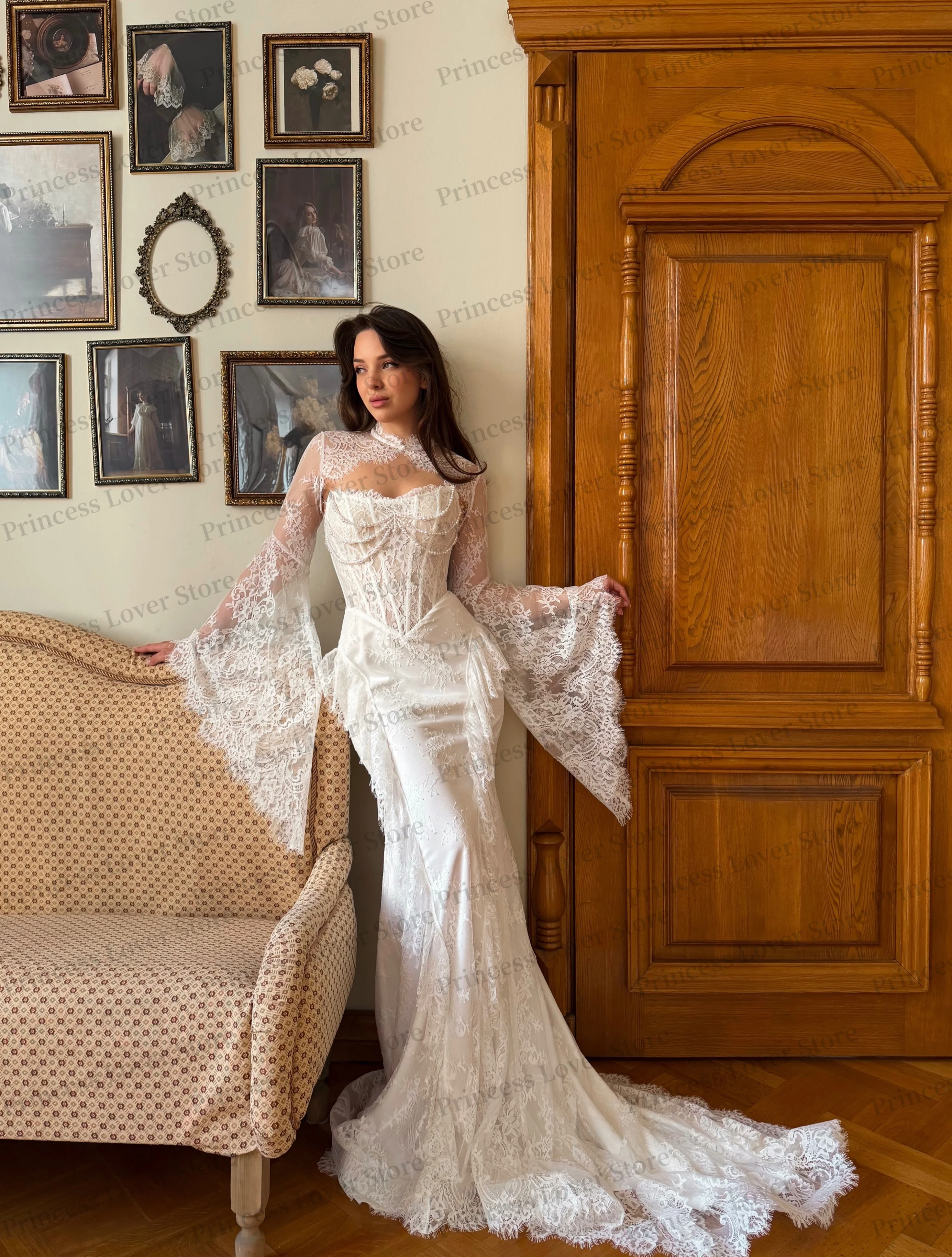 Mermaid Wedding Dresses Long Sleeves Lace Jacket Bridal Gown Bustier Corset Beading Luxury robe de mariée Customized