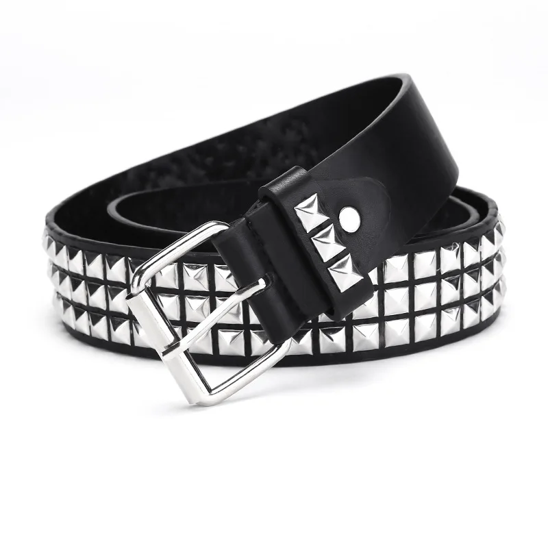 Punk style rivet belt set, equipped with stainless steel square buckle, PU panel material, male and female pyramid rivet decorat