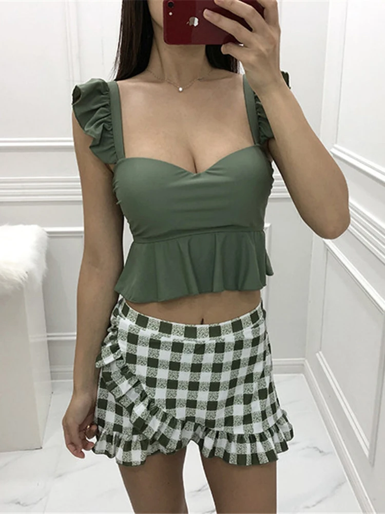 OIINAA Ruffled ชุดว่ายน้ําผู้หญิงต่ําตัดเซ็กซี่ชุดว่ายน้ําลายสก๊อตไม่สม่ําเสมอกระโปรงชายหาดฤดูร้อน 2025 เกาหลี 2 ชิ้น Biquinis