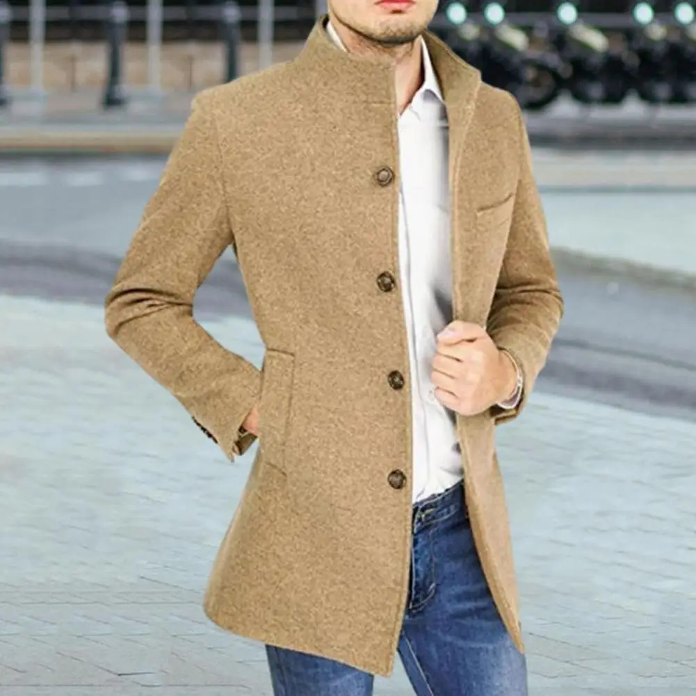 

Men Stand Collar Long Sleeve Woolen Coat Single Breasted Pockets Mid-length Casual Windbreaker Outwear