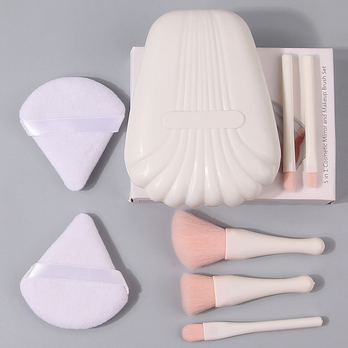 ชุดแปรงแต่งหน้าขนาดเล็กขนนุ่ม 8 ชิ้น & พัฟแป้งทรงสามเหลี่ยมนุ่ม & กล่องเก็บแปรงแต่งหน้ารูปเปลือกหอยพร้อมกระจก
