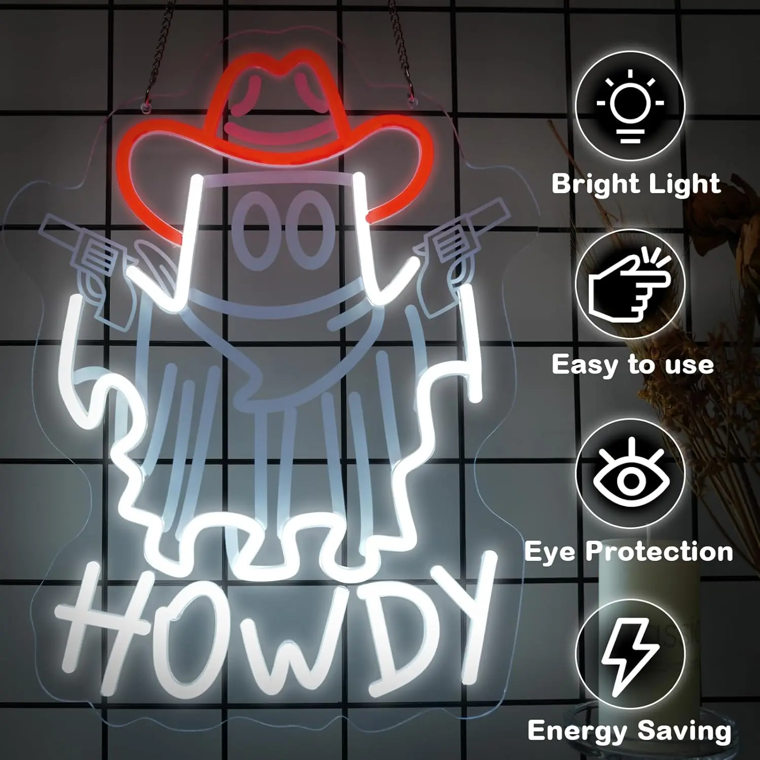 Cowboy Ghost Neon Light Sign - Howdy Halloween USB LED Wall Hanging Decor for Western Theme Bar, Farm, Man Cave & Gift Idea