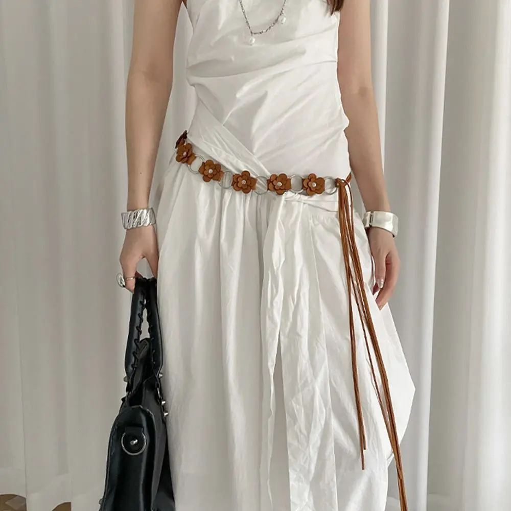 핫 더블 스몰 플라워 PU 가죽 벨트, 속이 빈 원형 링, 조절 가능한 스트랩 허리띠, 빈티지 허리 로프, 여성용