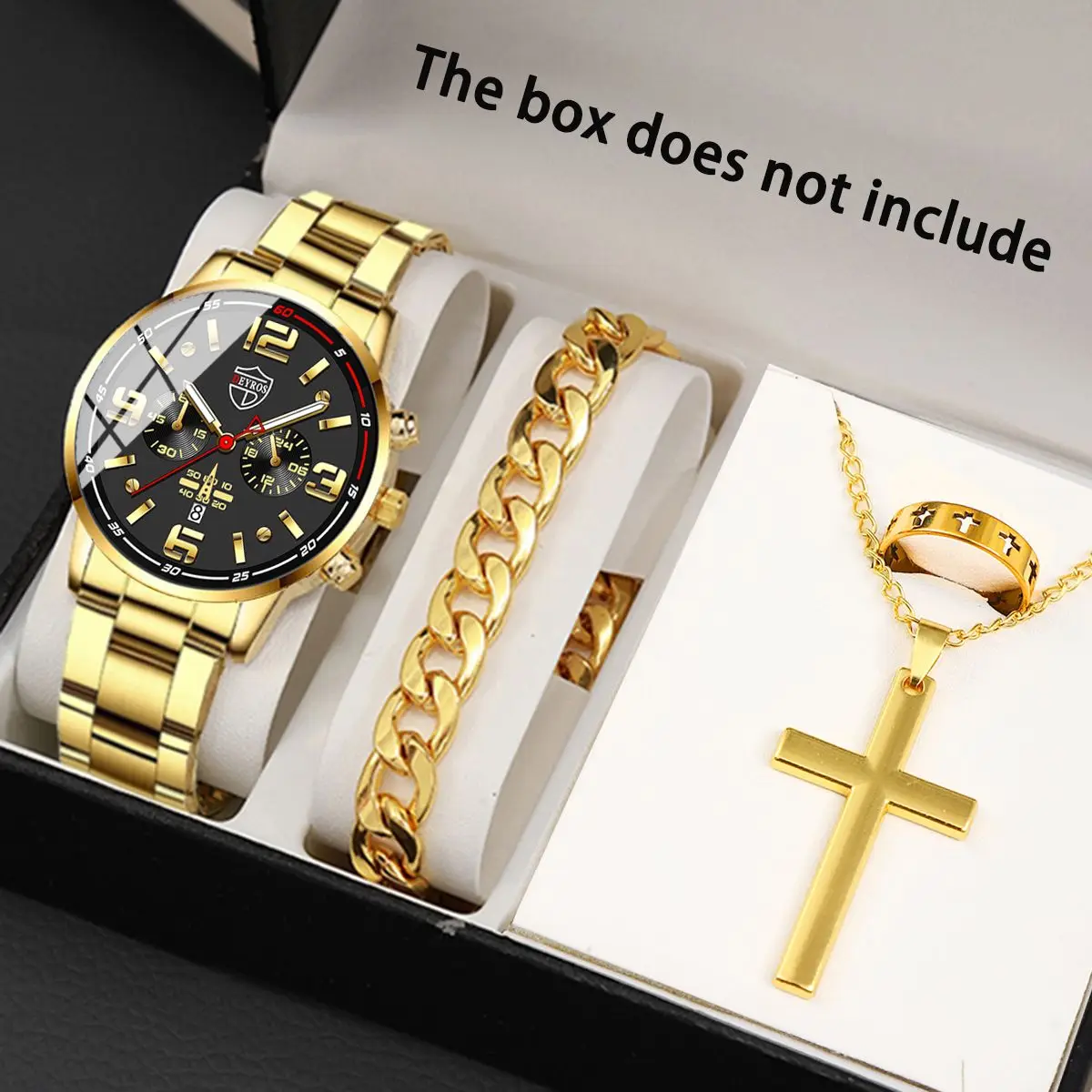 Reloj Hombre Men's Luxury Gold Combination Four Piece Watches Set Mens Calendar Ring Wishwatch Men Stainless Steel Watch