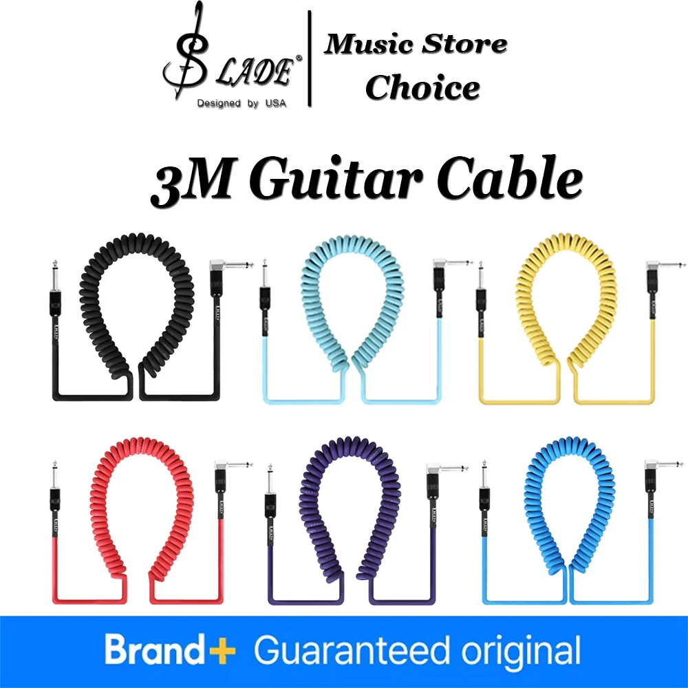 3M Guitar Cable Coiled Instrument Cable Noise Reduction Spring Cable Straight to Right Angle for Electric Guitar Bass Amplifier