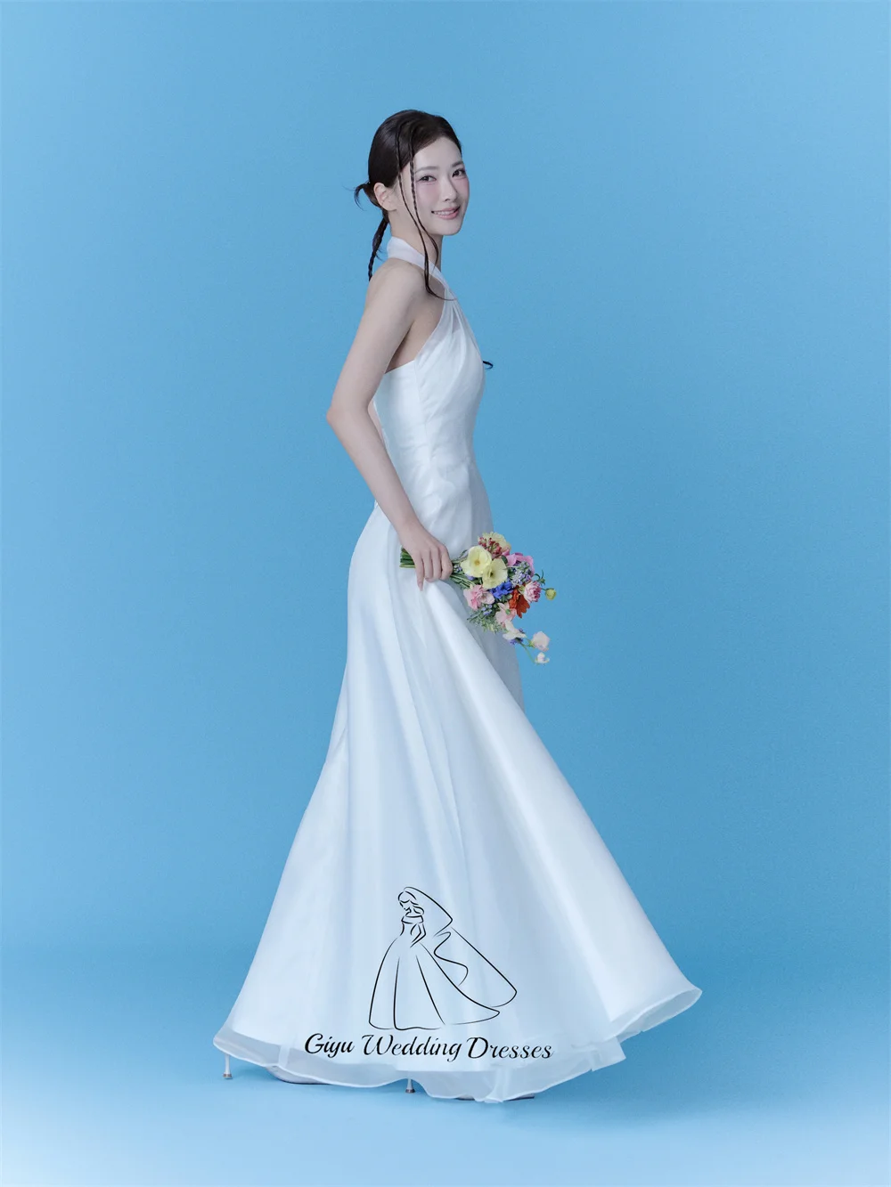 Giyu Elegant Halter A-line Korea Wedding Dress Sleeveless Floor-Length Wedding Snap Dress Customized Tulle Pretty Bride Dress ﻿