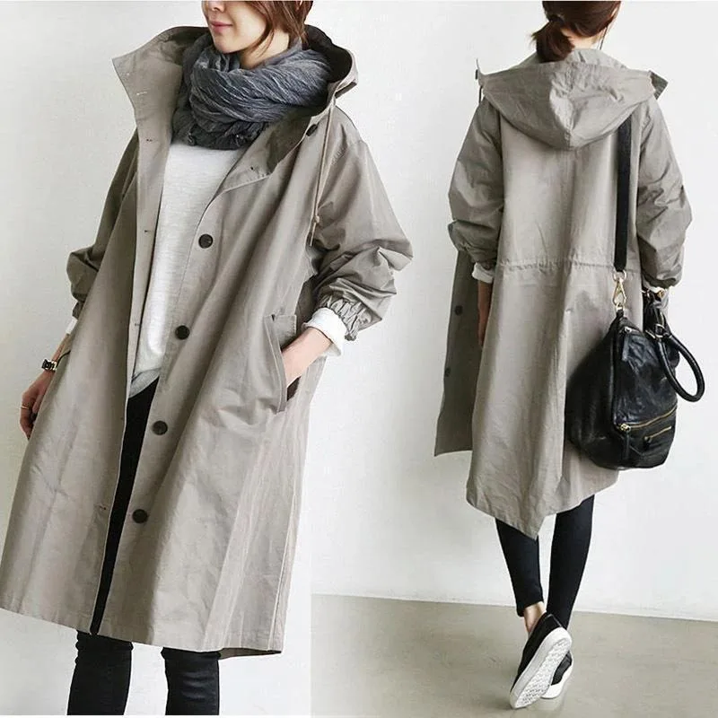 

Spring Autumn Casual Korean Fashion Hooded Medium Long Overcoat Loose Windproof Coat Women Trench Coat Solid Color Pocket
