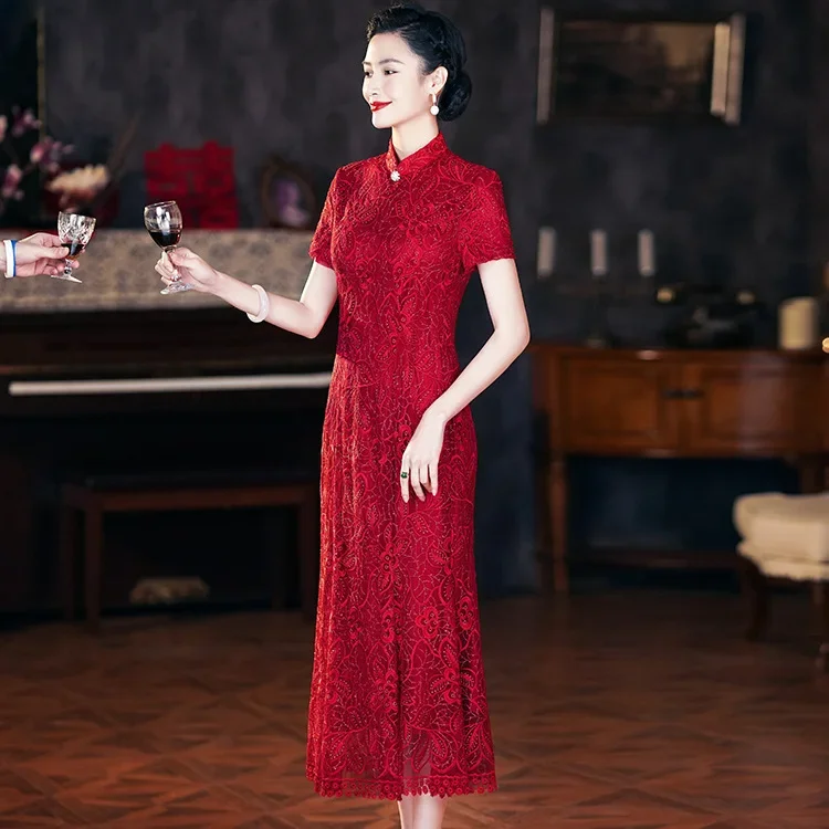 

Yourqipao Mother of The Bride Cheongsam Dress for Wedding Party Lace Chinese Traditional Dress Prom Evening Gowns for Women