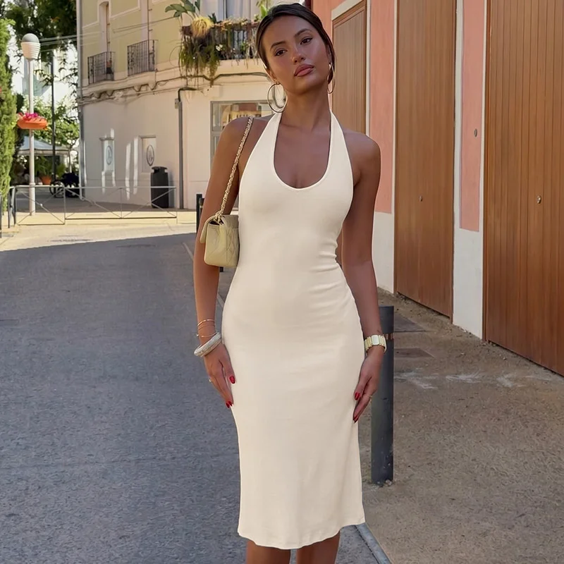 Mozision Women Halter Deep V Neck Midi Dress Sleeveless Backless Bodycon Ruffle Hem Long Dress Elegant Club Party Evening Dress